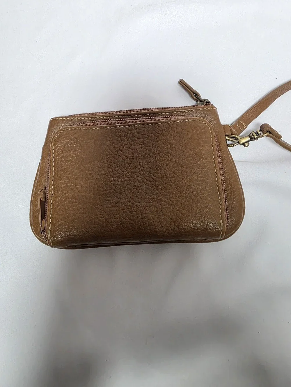 Connections Brown Faux Leather Multi Zip Wristlet Clutch Purse